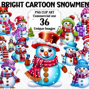明るい漫画雪だるまのクリップアート、クリスマス雪だるまの即時ダウンロード、商用利用、かわいくて面白い冬の透明なPNG昇華バンドル