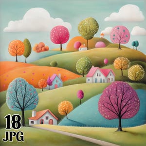 Bundle de cliparts campagne lunatique colorés, création numérique et création de papier, téléchargement immédiat, jolies scènes de nature vibrante, amusantes et originales, commercial JPG
