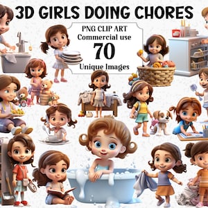 Süße Mädchen im 3D-Stil, die Hausarbeit tun, Clipart, kommerzielle Nutzung Kleine Kinder, Familie, Tochter, Transparentes PNG Sublimations-Grafikpaket