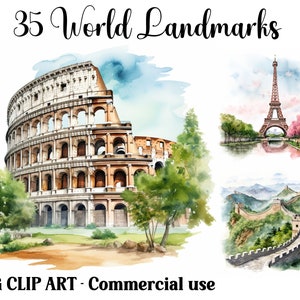 World Landmarks Watercolor Clipart, Digital & Paper Craft Iconic Scenes, Instant Download Landscapes, Commercial use JPG backgrounds bundle