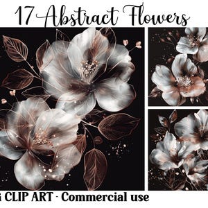 Clipart de acuarela de flores abstractas en oro rosa sobre negro, manualidades florales digitales en papel, fondos de descarga instantánea, paquete JPG para uso comercial