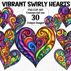 Coeurs tourbillonnants vibrants Saint Valentin aquarelle amour Clipart, invitations cartes, téléchargement immédiat, PNG Transparent commercial sublimation Bundle