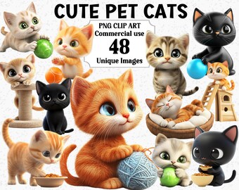 Könnte beinhalten: Eine Sammlung von 48 einzigartigen Bildern von niedlichen Cartoon-Katzen in verschiedenen Posen und Umgebungen. Die Bilder sind im PNG-Format und für kommerzielle Zwecke bestimmt. Der Text "Cute Pet Cats" befindet sich oben im Bild. Der Text "PNG Clip Art" befindet sich unter dem Titel. Der Text "Commercial use" befindet sich unter "PNG Clip Art". Die Zahl "48" ist in einer großen Schriftart und befindet sich unter "Commercial use". Der Text "Unique Images" befindet sich unter der Zahl "48".