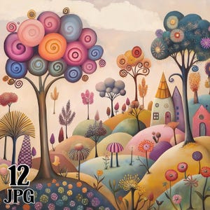 Könnte beinhalten: Ein fantasievolles Gemälde eines farbenfrohen, wirbelnden Baumes in einer fantastischen Landschaft. Der Baum hat rosa, blaue und orangefarbene Wirbel. Der Hintergrund zeigt sanfte Hügel, Häuser und andere Bäume.