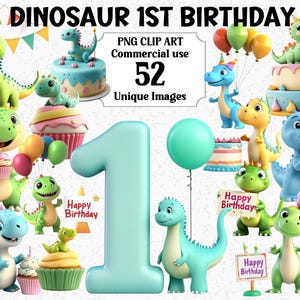 Dinosaure 1er anniversaire Clipart mignon style 3D fête filles et garçons Téléchargement instantané cadeaux Commercial dynamique PNG transparent sublimation lot