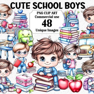 Clipart mignons garçons d'école utilisation commerciale retour à l'école enfants garçons gens fils sac bureau Apple livres Transparent sublimation PNG lot