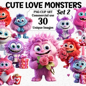 Süße Liebe Monster Set2 Clipart, Valentinstag Handwerk, lebendige Spaß Sofort-Download, kommerzielle Nutzung, transparente Sublimation PNGs Bundle