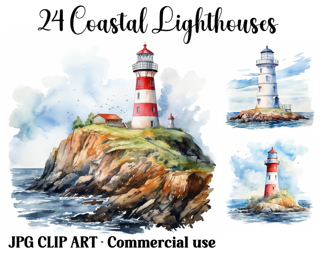 Coastal Lighthouses Watercolor Clipart Scenes, Digital & Paper Craft ...