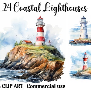 Phares côtiers aquarelle scènes clipart, créations numériques et papier, téléchargement immédiat eau mer paysage, images JPG pour usage commercial