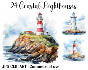 Puede incluir: Ilustración en acuarela de 24 faros costeros. La imagen muestra varios faros, algunos con rayas rojas y blancas, situados en afloramientos rocosos y acantilados. El texto "24 Coastal Lighthouses" se muestra en la parte superior.