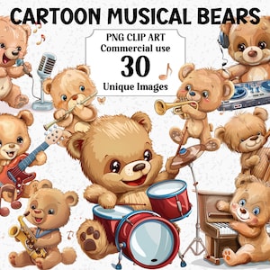 Clipart de ursos musicais de desenho animado, download instantâneo, cantor de bateria de guitarra musical, aniversário de criança de berçário, pacote de sublimação PNG transparente