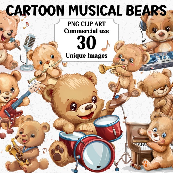 Cartoon Musical Bears Clipart, Instant Download, Music Guitar Drums Singer, Nursery Toddler Birthday, Transparent PNG Sublimation Bundle