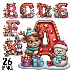 Puede incluir: Colección de letras del alfabeto y números con temática navideña. Cada letra roja presenta renos, muñecos de nieve y regalos envueltos. La imagen incluye las letras A, B, C, D, E, F y K, junto con el número 26 y las letras PNG.
