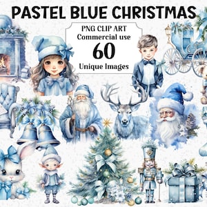 Pacote de decorações de clipart de aquarela de Natal azul pastel, artesanato digital e de papel, download instantâneo para uso comercial, Natal transparente PNG