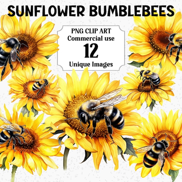 Sunflower Bumblebees Clip Art, Digital & Paper Crafts, Yellow Floral Insect, Instant Download, Commercial use Transparent PNGs, Wall Clipart