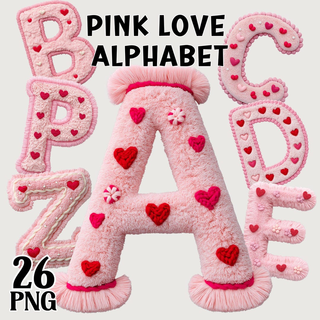 Pink Love Alphabet Letters, Fluffy Faux Yarn Font Clipart, Valentines ...
