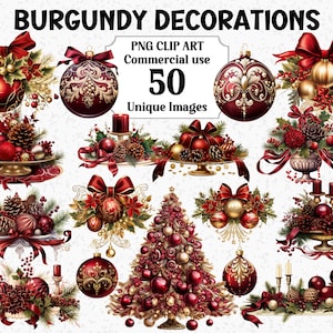 Bourgondische kerstversiering aquarel clipart sublimatie bundel, Digital Craft, Instant Download Commercieel gebruik transparante Xmas PNG's