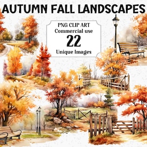 Paisagens de Outono/Outono, Cenas de Clipart em Aquarela, Decorações de Sublimação Artesanal, Download Digital, Uso Comercial, Pacote PNG Transparente