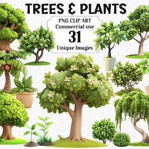 Trees & Plants Clipart - Cute 3D Style Instant Download Green Shrubs Pot Plants Nature, Commercial Use, Transparent Sublimation PNG bundle