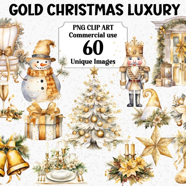 Gold Christmas Luxury Watercolor Clipart Decorations bundle, Digital & Paper Craft, Instant Download Commercial use Transparent Xmas PNG