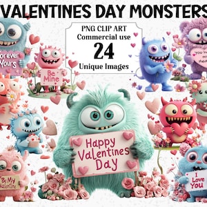 Valentinstag Monster Clipart, Valentinstag Liebe Handwerk, lebendige Spaß Sofort-Download, kommerzielle Nutzung, transparente Sublimation PNGs Bundle