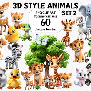 3D スタイルのかわいい動物 PNG クリップアート (セット 2)、シマウマ、キツネ、ポニー、犬のシーン クリエーター、即時ダウンロード、商用利用、透明昇華バンドル