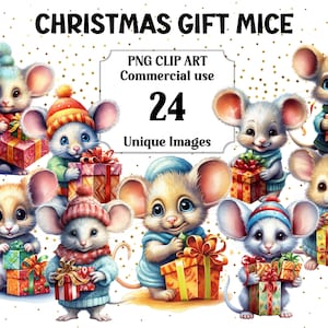 Imágenes prediseñadas de ratones de regalo de Navidad, manualidades digitales y en papel, lindo animal de fantasía, descarga instantánea, uso comercial, PNG transparente, imágenes prediseñadas, arte de pared