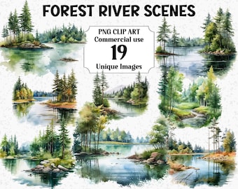 Forest River Scenes Watercolor Lake Landscape Sublimation Clipart, Scrapbooking Craft Digital Download Commercial use Transparent PNG bundle
