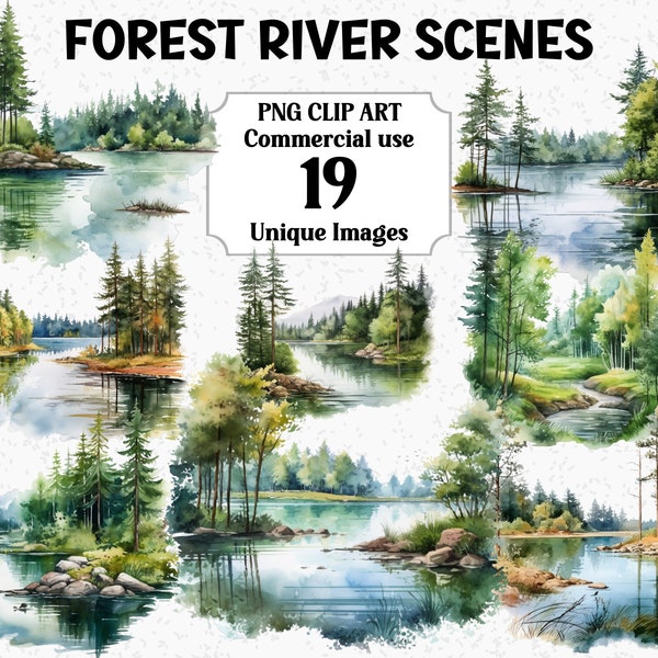 Forest River Scenes Watercolor Lake Landscape Sublimation Clipart, Scrapbooking Craft Digital Download Commercial use Transparent PNG bundle