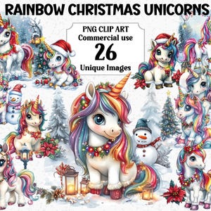 Tęczowe świąteczne jednorożce Clipart, urocze ozdoby świąteczne Craft, natychmiastowe pobieranie, komercyjne wykorzystanie Transparent PNG Sublimacja Pakiet