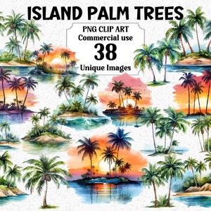 Clipart de aquarela de palmeiras da ilha, artesanato digital, download instantâneo, pacote de sublimação PNG transparente para uso comercial