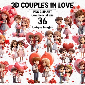 Coppie di San Valentino innamorate, Clipart acquerello in stile 3D, Download immediato Uso commerciale, Pacchetto di sublimazione di amore PNG trasparente per ragazze e ragazzi