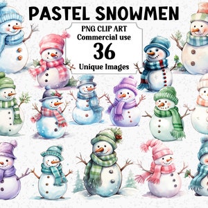 Pastel sneeuwpoppen aquarel kerst clipart, sneeuwpop kaarten nodigt ambacht uit, Instant Download commercieel gebruik Winter Xmas PNG-sublimatiebundel