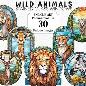 Clipart de vitraux d'animaux sauvages, créations numériques et papier, téléchargement immédiat, utilisation commerciale, lot de sublimation PNG transparents