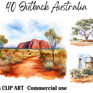 Outback Australia Akwarela Clipart Scenes, Cyfrowe i Papierowe Rzemiosło, Natychmiastowe Pobieranie Uluru Desert krajobraz tła, Komercyjne użycie JPG
