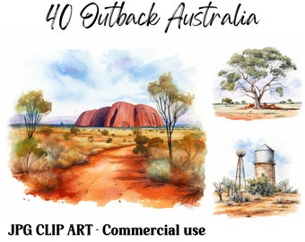 Outback Australia Watercolor Clipart Scenes, Digital & Paper Craft, Instant Download Uluru Desert landscape backgrounds, Commercial use JPGs