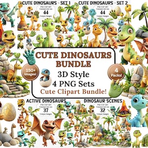Paquete de imágenes prediseñadas de dinosaurios adorables, animales prehistóricos, árboles volcánicos, huevos de dinosaurio, sublimación comercial transparente, estilo 3D, PNG, conjunto a granel