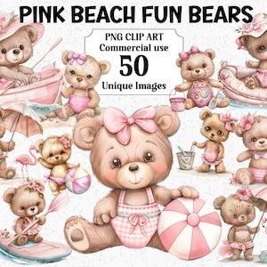 Różowe plażowe misie clipart, lato, zamki z piasku, surfing, pływanie, natychmiastowe pobieranie, żłobek dla maluchów przezroczysty pakiet sublimacji PNG