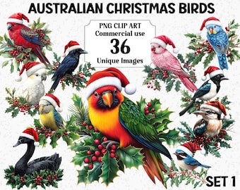 May include: A set of 36 unique digital images of Australian birds wearing Santa hats. The birds are depicted in a variety of poses and settings, including a parrot, a cockatoo, a kookaburra, and a magpie. The images are ideal for use in crafting, scrapbooking, and other creative projects.