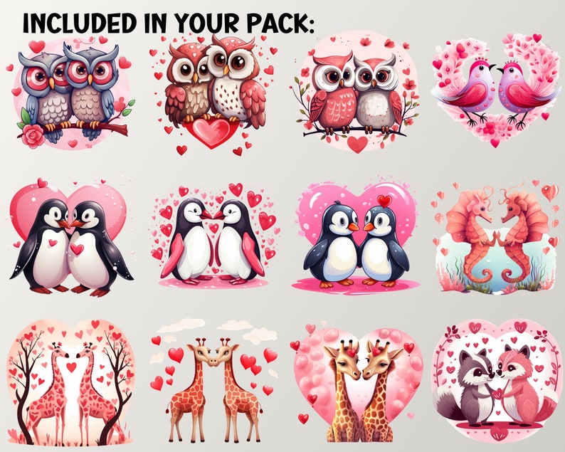 Animals in Love Watercolor Clipart, Valentines Day Cards Craft, Instant ...