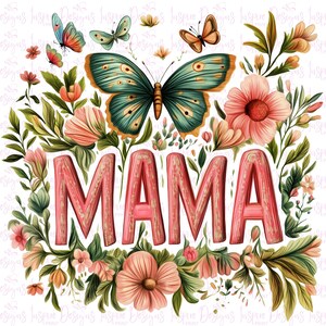 Mama Floral Clipart, Cute Butterfly Mothers Day Wildflowers PNG, Download digital instantâneo, Mãe Mãe Camiseta Gráfico, Boho Abstrato Mama PNG