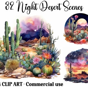 Escenas del desierto nocturno acuarela cactus clipart, artesanía digital, descarga instantánea país cactus paisaje uso comercial paquete de fondos JPG