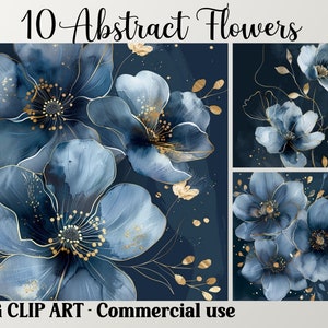 10 fleurs abstraites Clipart aquarelle bleu marine et noir, créations florales numériques/papier, arrière-plans en téléchargement immédiat, ensemble JPG pour usage commercial
