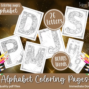 Elegantes páginas para colorear del alfabeto: ¡26 letras y 4 palabras extra! Páginas de actividades originales e imprimibles para adultos y niños. Descarga inmediata.