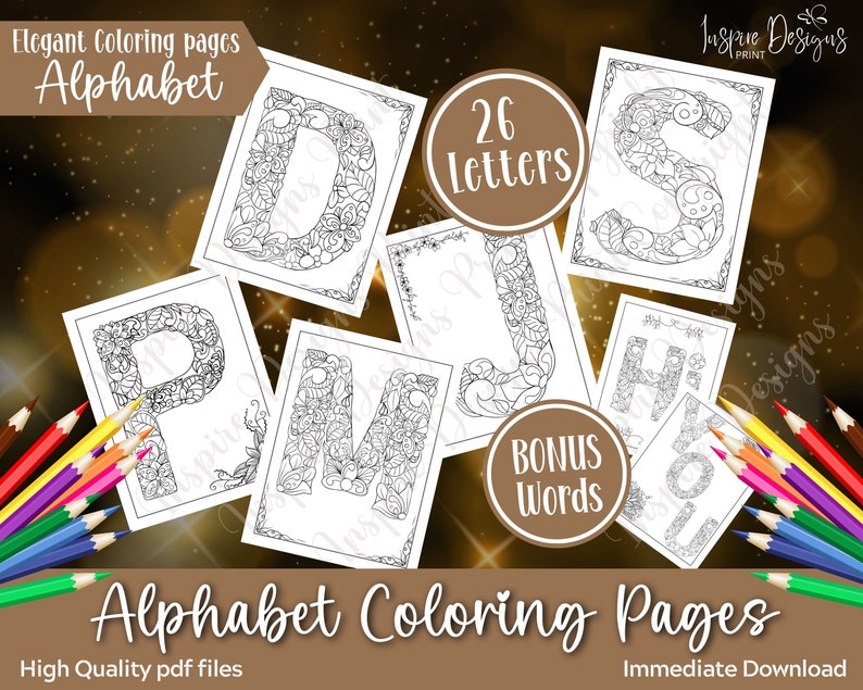 May include: A set of 26 printable alphabet coloring pages featuring intricate, detailed designs for each letter. The pages are perfect for adults and children who enjoy coloring and doodling. The set also includes bonus coloring pages with words.