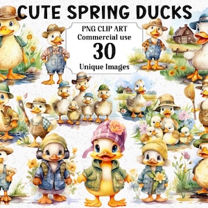 Lindos patos de primavera, imágenes prediseñadas de acuarela, divertidos animales de granero, descarga instantánea para uso comercial, paquete de sublimación de patitos PNG transparentes
