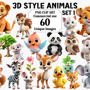 3D Stil süße Tiere PNG Clipart (Set 1) - Sofortiger Download Kommerzielle Nutzung, Zebra Katzen Hunde Enten Mäuse Löwen, Transparente Sublimations bündel