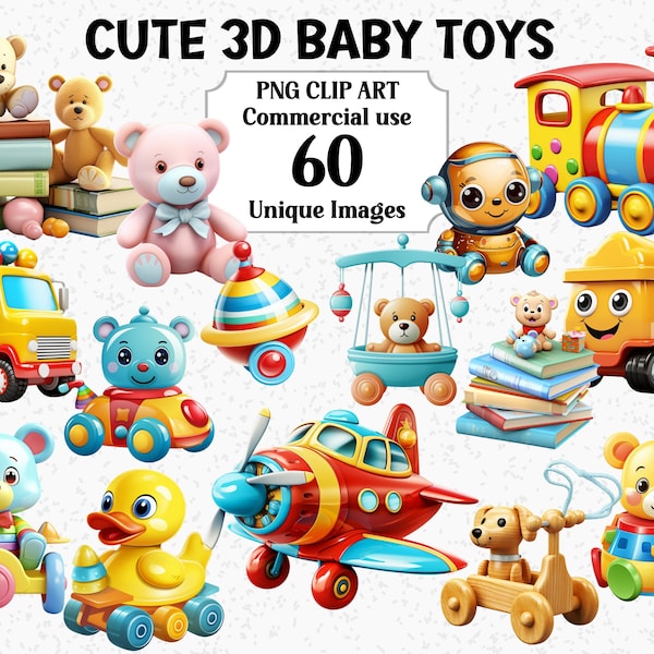 3D Style Cute Baby Toys Clipart, Instant Download Commercial use, Toddler Trains, Cars, Dog, Bear, Books, Transparent PNG Sublimation bundle