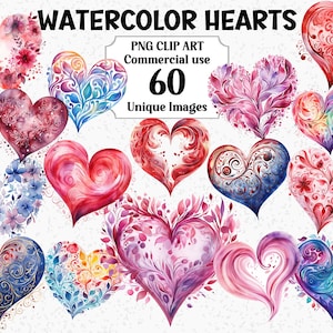 Paquete de imágenes prediseñadas de San Valentín con corazones de acuarela, decoraciones de amor, manualidades digitales y de papel, descarga instantánea, uso comercial PNG transparente