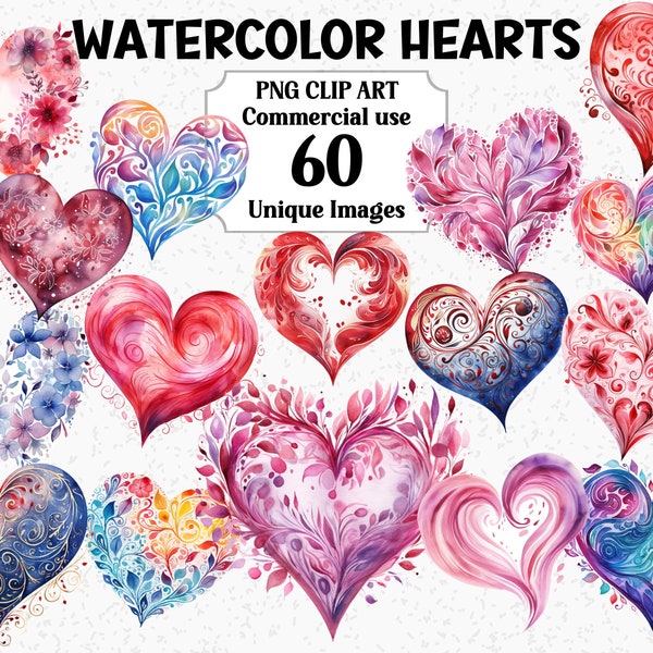 Watercolor Hearts Valentines Day Clipart Love Decorations bundle, Digital & Paper Craft, Instant Download Commercial use Transparent PNG